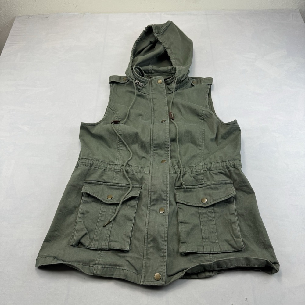 Market & Spruce Women's L Olive Green Hooded Utility Vest Cargo Pockets